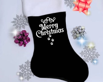 Meowy Christmas Paw Prints Dog Puppy Cat Kitty Kitten Black Pet Stocking MTCoffinz - Choose your colors, personalizable.