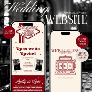 May include: Two smartphones displaying a wedding website template with a Las Vegas theme. The screens feature red and cream graphics, including a Welcome to Fabulous Las Vegas sign, playing cards, and a slot machine with the date 29 12 27.
