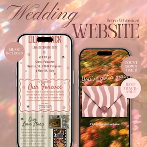 Op de afbeelding: Twee smartphones met een interface voor een trouwwebsite. Het linkerscherm toont evenementdetails voor Lila & Jack op 19 december 2027 in Italië, met een fotostrip. Het rechterscherm bevat een afbeelding van een envelop met een golvend patroon.