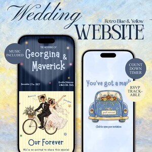 Plantilla web de boda retro azul y amarilla / Invitación de boda colorida / Anuncio de fecha original / Invitación digital con confirmación de asistencia / Editable en Canva