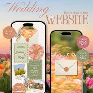 May include: Two smartphones displaying a wedding website template with floral motifs, text reading Julian & Rose, 29th DEC 2027, and interactive elements like music, a countdown timer, RSVP tracking, and photo galleries.