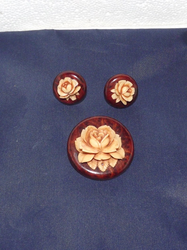 Vintage Wood Celluloid Rose Pin Earrings Set