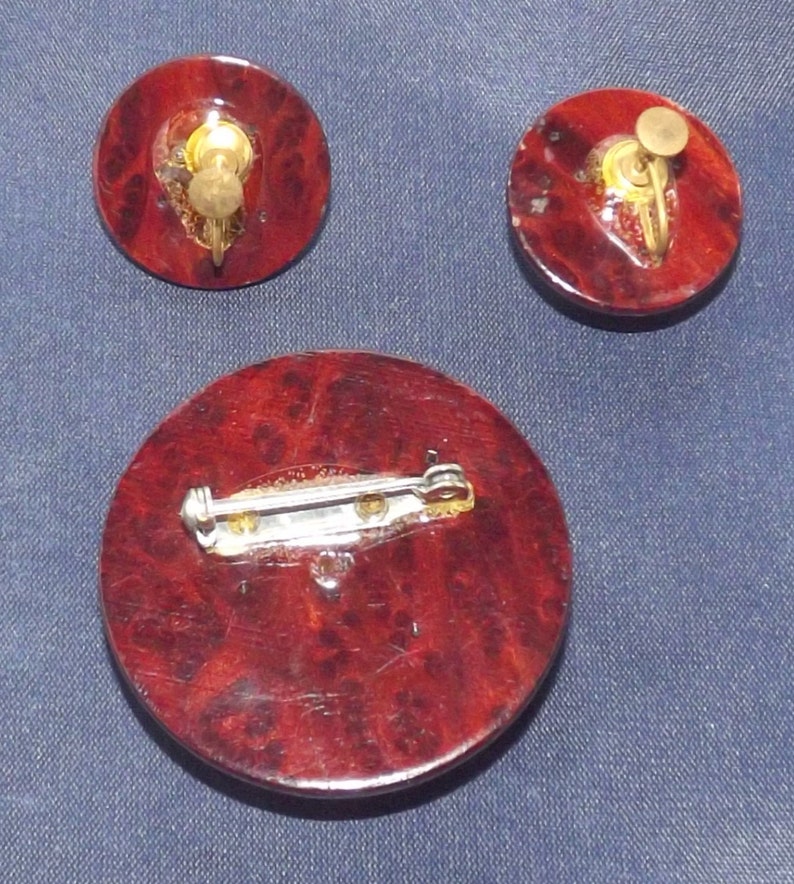 Vintage Wood Celluloid Rose Pin Earrings Set