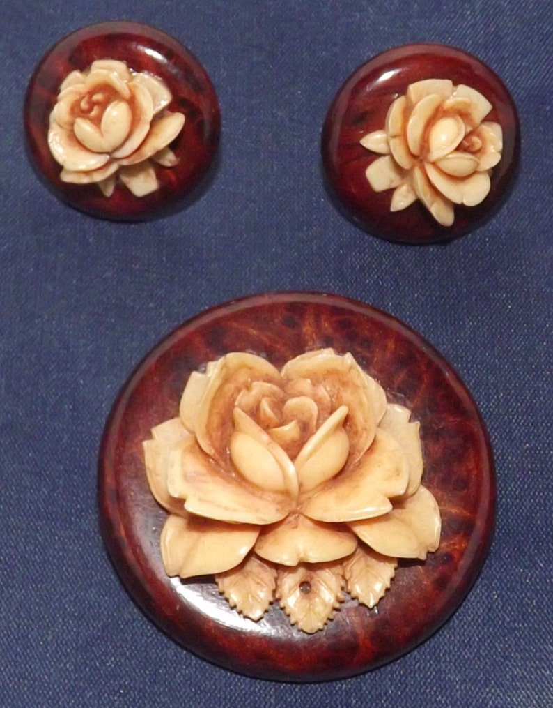 Vintage Wood Celluloid Rose Pin Earrings Set