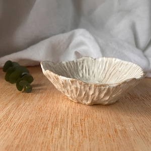 May include: A small, off-white ceramic bowl with a textured, carved surface. The bowl has an organic, irregular shape and sits on a light-coloured wooden surface. A sprig of green leaves is visible to the left of the bowl.
