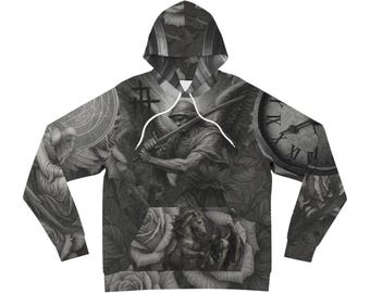 May include: Black and white hooded sweatshirt featuring a detailed illustration of an angel with a sword, a clock, roses, and a horse. The design is printed across the front and sleeves of the hoodie. The hoodie has a drawstring hood and a kangaroo pocket.