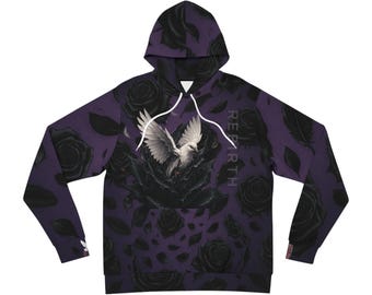 May include: A purple hoodie with a repeating pattern of black roses and leaves. The front features a white dove emerging from a black rose. The word "REBIRTH" is printed vertically on the right sleeve.