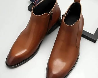 Handmade Brown Leather Chelsea Boots: Zipper Ankle Boots