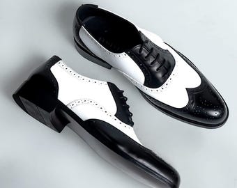 Handmade Leather Wingtip Oxford Shoes: Dual Color Brogue Dress Shoes