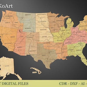May include: A detailed map of the United States, laser cut from wood, showcasing each state with its name. The map includes Alaska and Hawaii. The text "LASER CUT DIGITAL FILES" is at the bottom.