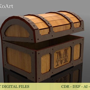 May include: A wooden chest with a hinged lid, featuring a curved top and rectangular body. The chest is made of light and dark brown wood, with decorative metal accents. The text "Magic Chest" is visible on the front. The words "LASER CUT DIGITAL FILES" are at the bottom.