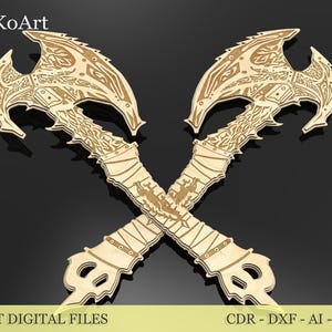 May include: Two wooden axes are crossed against a black background. The axes have intricate designs on the blades and handles. The text "EsTetikoArt" is in the top left corner. The bottom of the image reads "LASER CUT DIGITAL FILES".