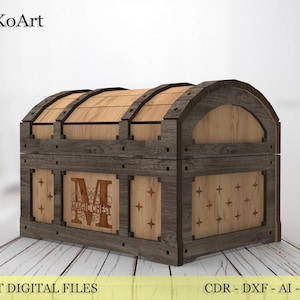 May include: A wooden chest with a domed lid and decorative metal accents. The chest features a light brown top and side panels with a dark brown frame. The front panel has the text "MAGIC CHEST" and the letter "M".