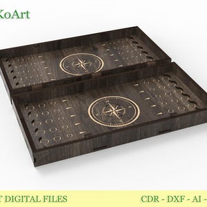 Puede incluir: Dos tableros de juego de backgammon de madera marrón oscuro con un diseño de brújula en el centro. Los tableros tienen recortes circulares y triangulares para las piezas del juego. El texto "Laser Cut Digital Files" es visible.