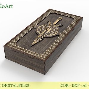 May include: A dark wooden box featuring a decorative sword and shield design on the lid. The box is rectangular with a detailed border. The image includes the text "Laser Cut Digital Files".