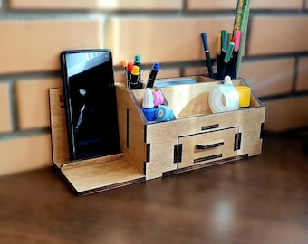 Office Organizer, Phone Stand 02, Wood Schreibtisch Decor, Stiftehalter, lasergeschnittene digitale Dateien