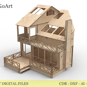 May include: A two-storey wooden doll's house with a balcony and a chimney. The house is light brown and made from laser-cut digital files. The image also includes the text "LASER CUT DIGITAL FILES".