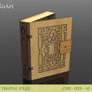 Può includere: Un libro in legno tagliato al laser con un design aperto. La copertina presenta un intricato motivo geometrico e floreale, con una chiusura in legno. Il dorso ha elementi decorativi. Il testo "EsTetiKoArt" è in alto a sinistra. Il testo in basso recita "LASER CUT DIGITAL FILES".