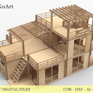 Puede incluir: Un modelo de madera cortado con láser de una casa de varios pisos con balcones, escaleras y una pérgola. El modelo está hecho de madera de color marrón claro y presenta el texto "EsTetiKoArt" y "LASER CUT DIGITAL FILES".