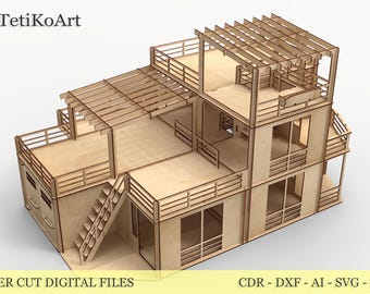 Op de afbeelding: Een lasergesneden houten model van een meergezinswoning met balkons, trappen en een pergola. Het model is gemaakt van lichtbruin hout en heeft de tekst "EsTetiKoArt" en "LASER CUT DIGITAL FILES".