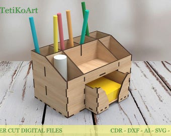 Organizador de oficina, decoración de almacenamiento de escritorio de madera, portalápices, archivos digitales cortados con láser
