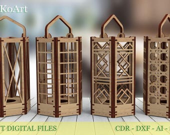 Wooden Tea Light Candle Holder, 4 variants, Laser Cut Lantern SVG Files