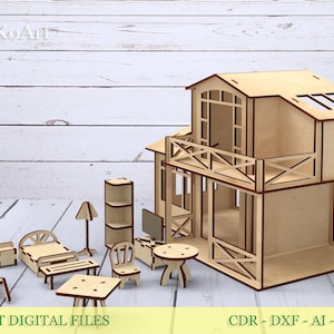 May include: A laser-cut wooden dollhouse with a balcony, and a collection of miniature furniture. The set includes a bed, chairs, tables, a lamp, and a bookshelf. The dollhouse is two stories high and has a sloped roof.