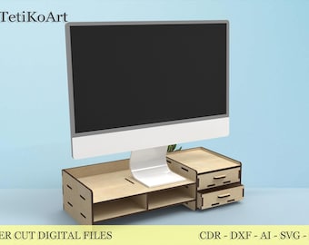 Wooden desk organizer riser shelf monitor stand - Laser cut files. Digital product