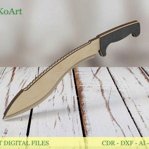 May include: A wooden kukri knife with a light brown blade and a dark gray handle. The blade has a serrated edge. The text "EstetikoArt" is in the upper left corner. The text "LASER CUT DIGITAL FILES" is at the bottom.