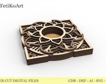 Puede incluir: Un diseño de corte láser de madera en capas con un patrón floral. El diseño es cuadrado con un centro circular y detalles intrincados. El texto "LASER CUT DIGITAL FILES" está en la parte inferior.