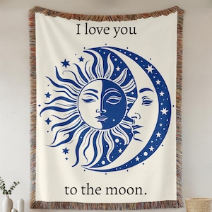 Personalized Moon and Sun Woven Blanket: Celestial Cotton Tapestry Couples Throw