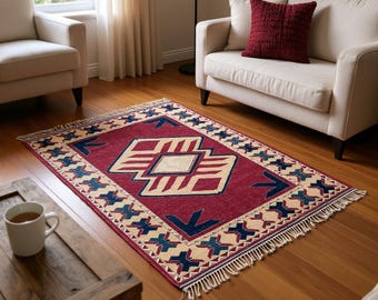 Burgundy Navy Geometric Wool Carpet: Milas Region 5x7 ft