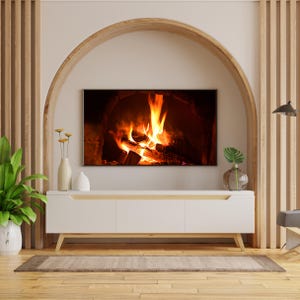 Muurkunstdruk gezellige open haard – Modern interieur met warm vuurfotografie