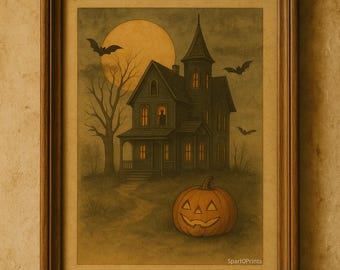 Vintage Haunted House Halloween Print: Gothic Halloween Dekor Digital Download