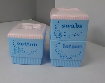 Three 1960/'s Vintage White and blue abstract design patterned plastic vanity dressing table pots with matching lids