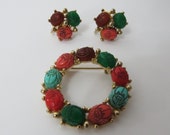 Vintage Egyptian Scarab Beetle Costume Jewelry Pin and Matching Earrings
