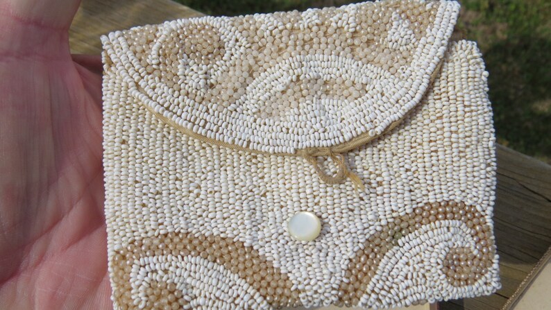 Beautiful Small White Vintage Glass Micro Beaded Hand Bag Purse or Wallet
