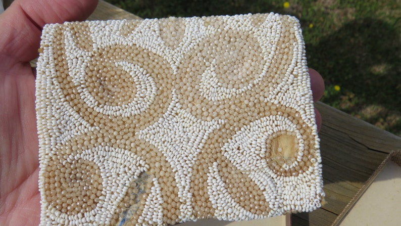 Beautiful Small White Vintage Glass Micro Beaded Hand Bag Purse or Wallet
