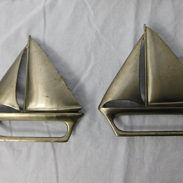 Two Vintage Metal Sailboat Hand Towel Holder Nickel Finish Hallmarked CB 1935  Box D