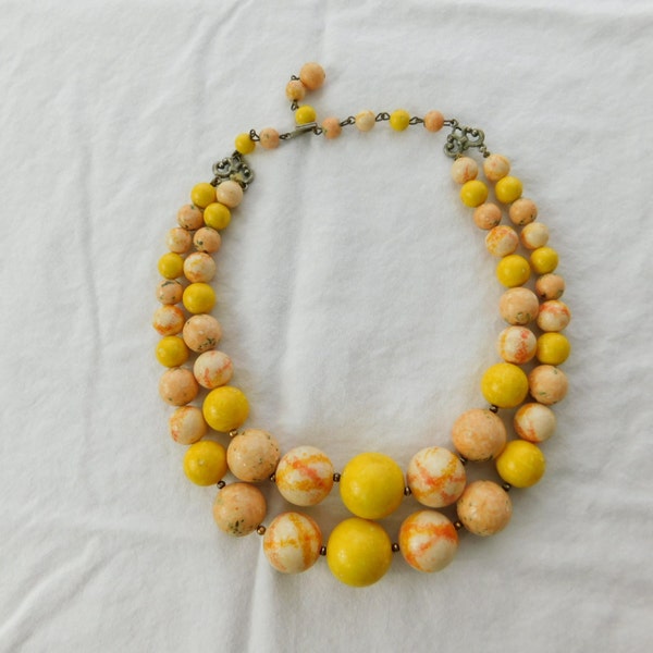 Vintage Yellow Large Chunky Statement Beaded Double Stranded Costume Jewelry Necklace
