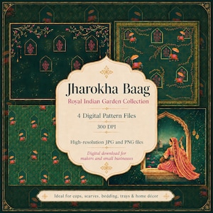 May include: Digital pattern files featuring an Indian garden theme. The image showcases four distinct patterns with a dark green background, ornate details, and the text "Jharokha Baag Royal Indian Garden Collection".