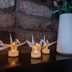 10 origami cranes with LED candles, origami paper birds, origami paper cranes, origami paper light, living room decor, housewarming gift image 2