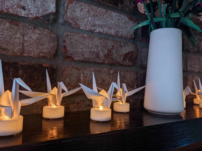 10 origami cranes with LED candles, origami paper birds, origami paper cranes, origami paper light, living room decor, housewarming gift image 2