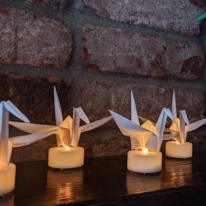 10 origami cranes with LED candles, origami paper birds, origami paper cranes, origami paper light, living room decor, housewarming gift image 1