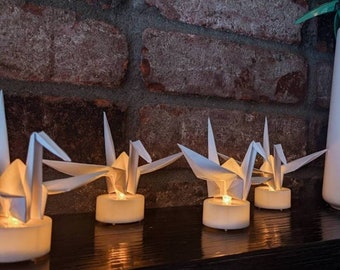 10 origami cranes with LED candles, origami paper birds, origami paper cranes, origami paper light, living room decor, housewarming gift