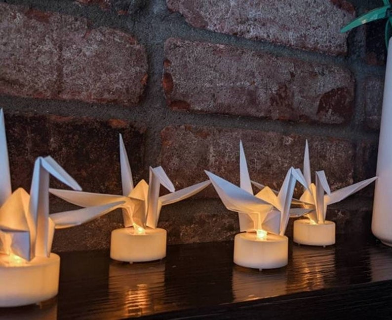 10 origami cranes with LED candles, origami paper birds, origami paper cranes, origami paper light, living room decor, housewarming gift image 1