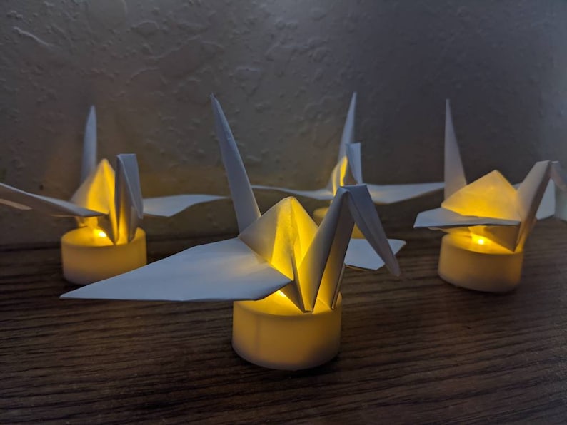 10 origami cranes with LED candles, origami paper birds, origami paper cranes, origami paper light, living room decor, housewarming gift image 3