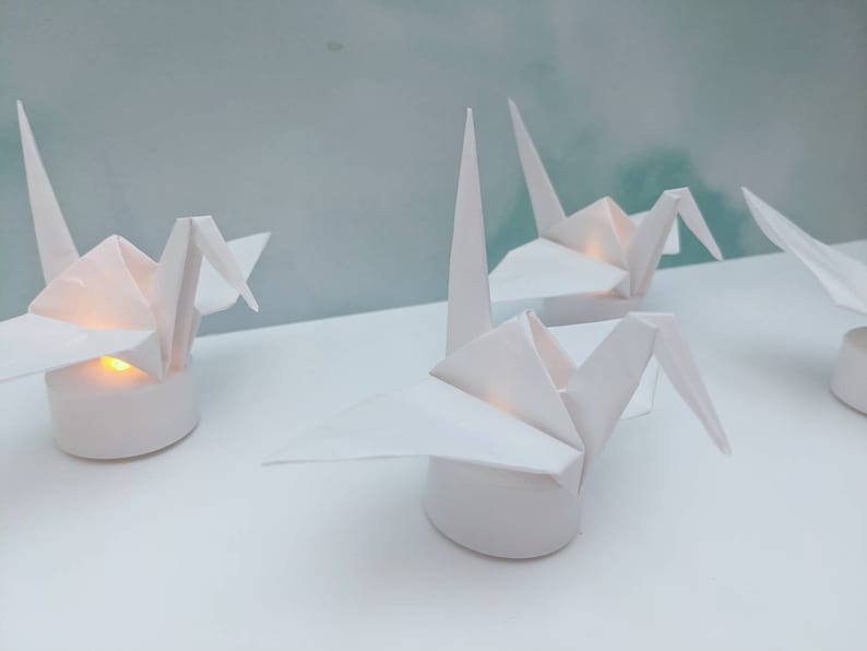 10 origami cranes with LED candles, origami paper birds, origami paper cranes, origami paper light, living room decor, housewarming gift image 7