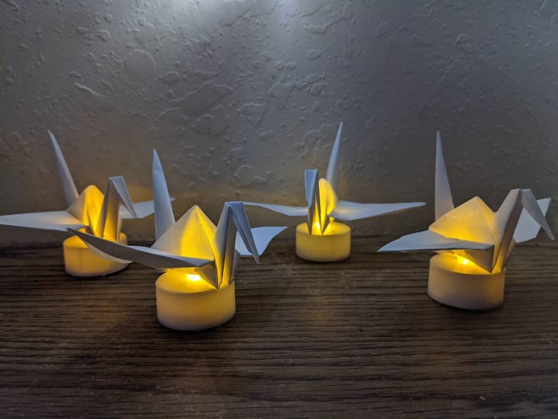 10 origami cranes with LED candles, origami paper birds, origami paper cranes, origami paper light, living room decor, housewarming gift image 4