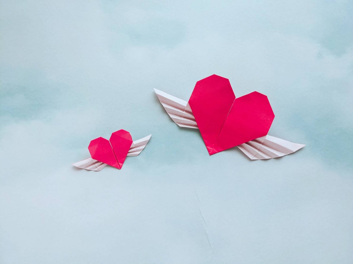 Origami Hearts With Wings Wedding Anniversary Valentines Etsy